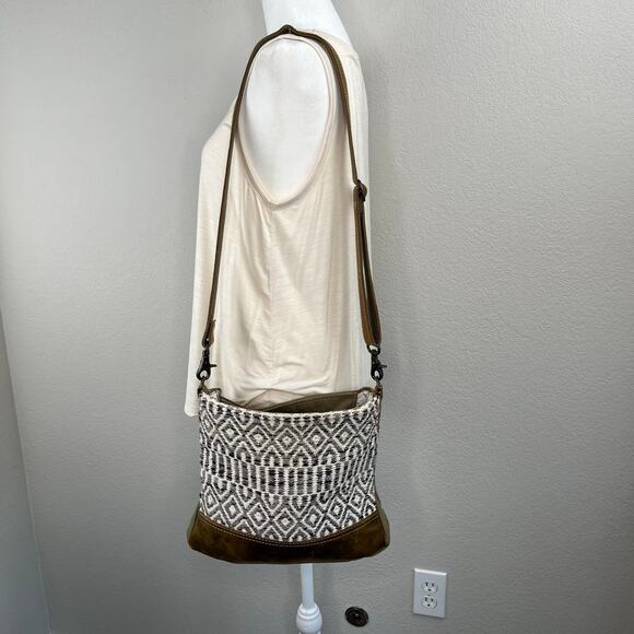 Myra Bag Precision Crossbody Brown Leather Woven Patterned Canvas Bag Gray White - Picture 1 of 13
